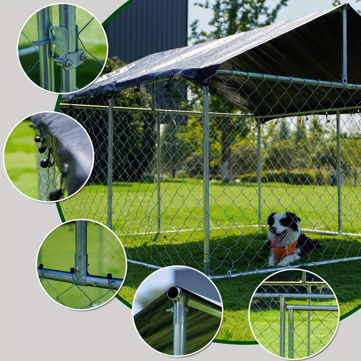 Heavy Duty Outdoor Dog Kennel Enclosure – Galvanized Steel Mesh Cage with Rain & UV-Proof Roof, Secure Lock, Ground Nails, 3 Sizes Available