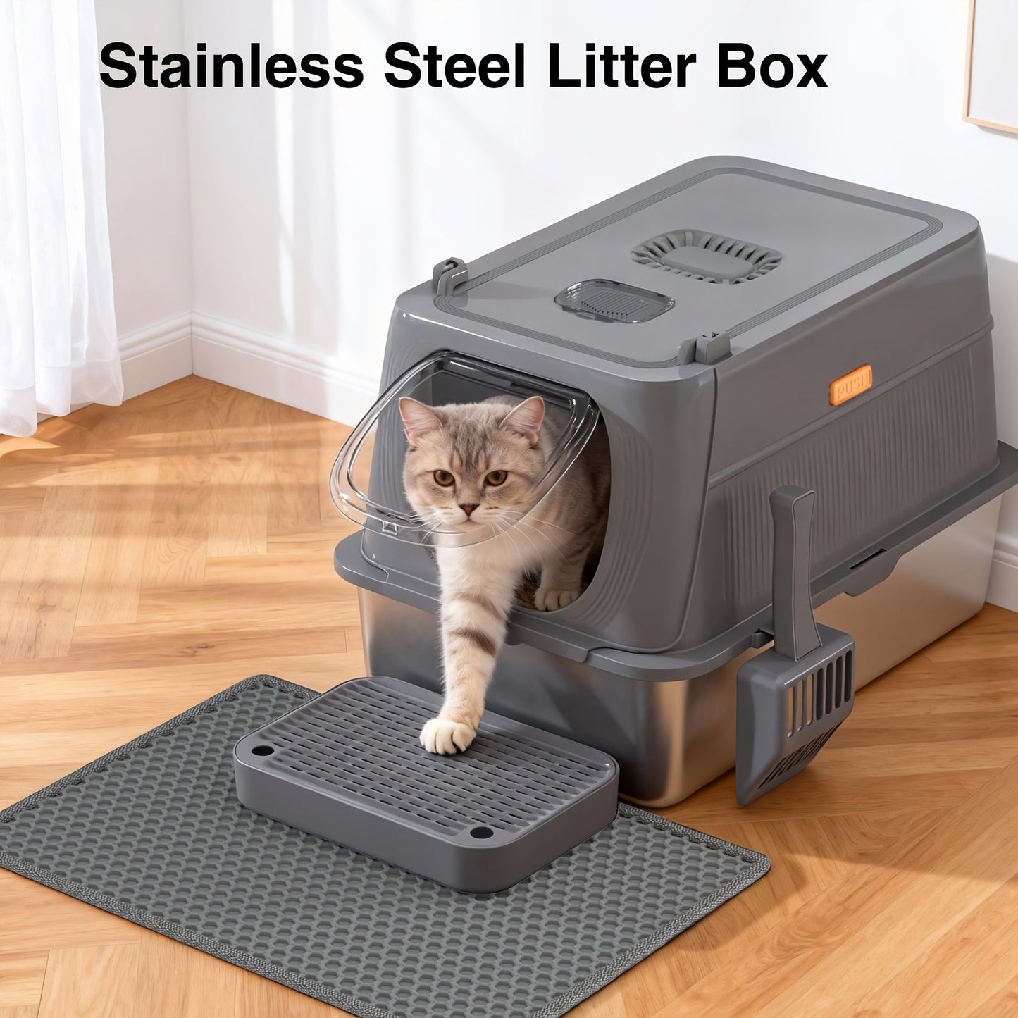 Oversized Enclosed Stainless Steel Cat Litter Box with Lid, Collapsible Anti-Splash Covered Indoor Cat Toilet with Front Flap Door & Superior Odor Control