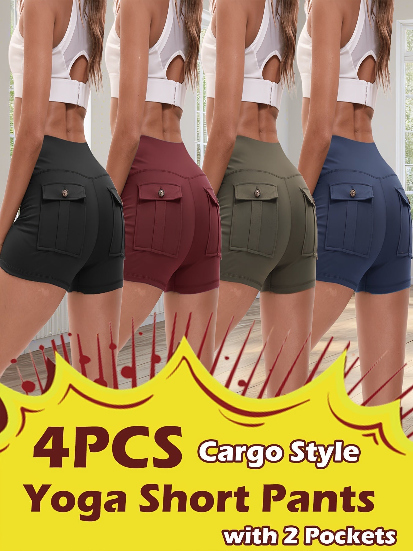 4-Piece Women's High-Stretch Yoga Shorts Set – Hip Lifting Quick-Dry Fitness Shorts with Elastic Waist & 2 Pockets, Solid Color Athletic Short Pants for Gym Running Pilates, S-XXL