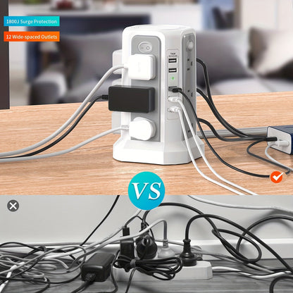 Tower Surge Protector Power Strip 12 AC Outlets 5 USB Ports PD 18W USB-C Fast Charging 10FT Extension Cord 1800J Surge Protection 4 Switches for Home Office Desk Dorm Room – Space-Saving Vertical Design