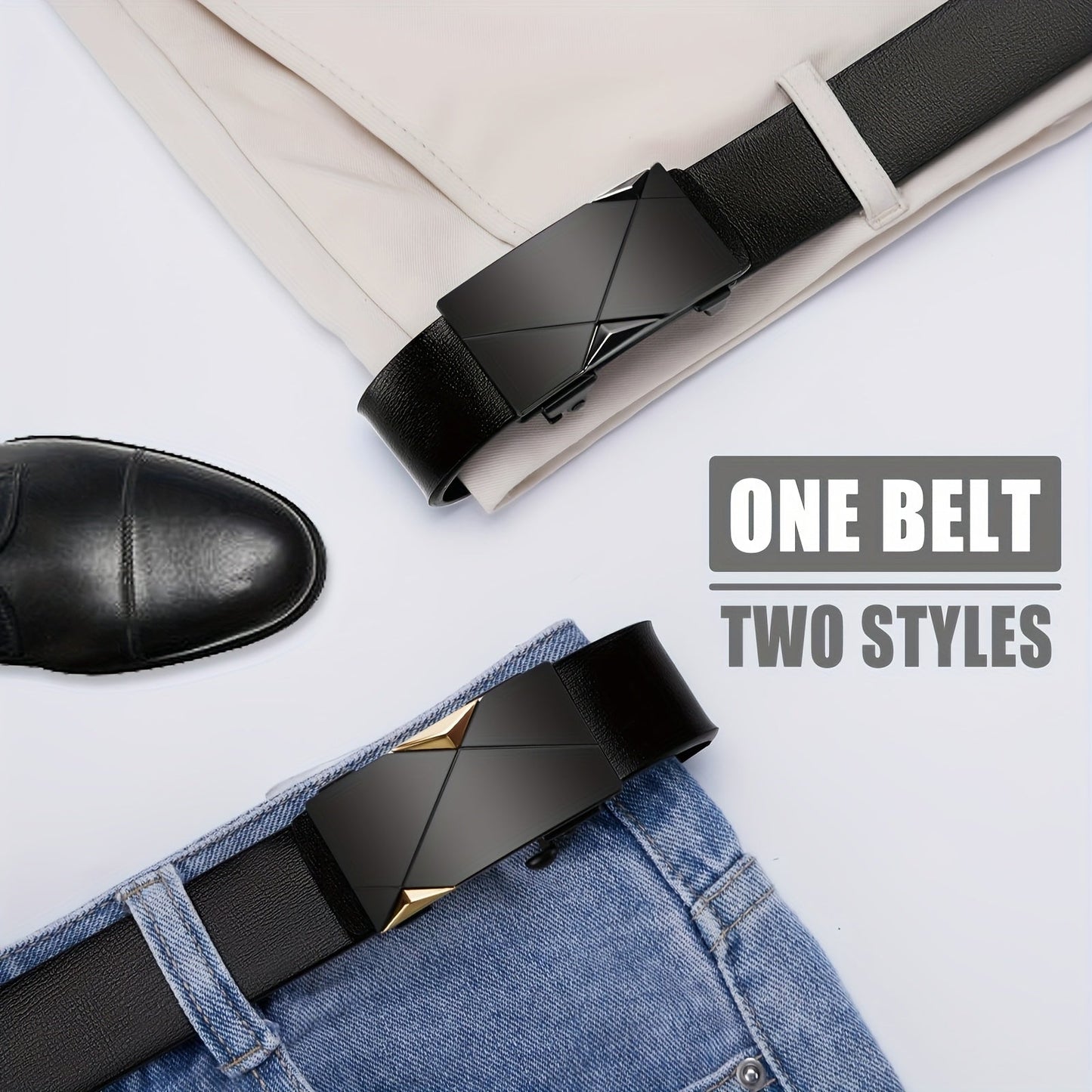 Men's Automatic Ratchet Buckle Belt - Black Adjustable Sliding Belt for Business Dress & Jeans, Durable Comfortable No-Holes Belt with Micro-Adjustable Buckle, Perfect Gift for Dad & Husband
