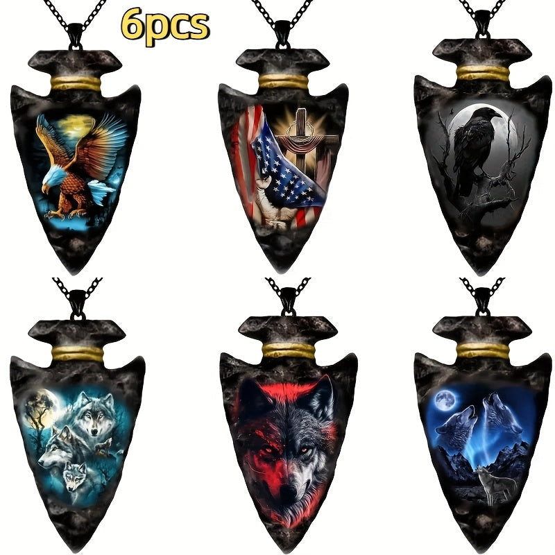 Wolf Head Totem Pendant Necklace for Men 6pcs Set Gothic Viking Animal Charm Jewelry Halloween Birthday Gift Stainless Steel