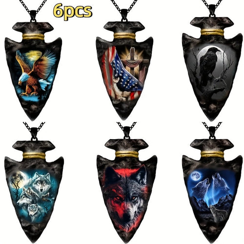 Wolf Head Totem Pendant Necklace for Men 6pcs Set Gothic Viking Animal Charm Jewelry Halloween Birthday Gift Stainless Steel