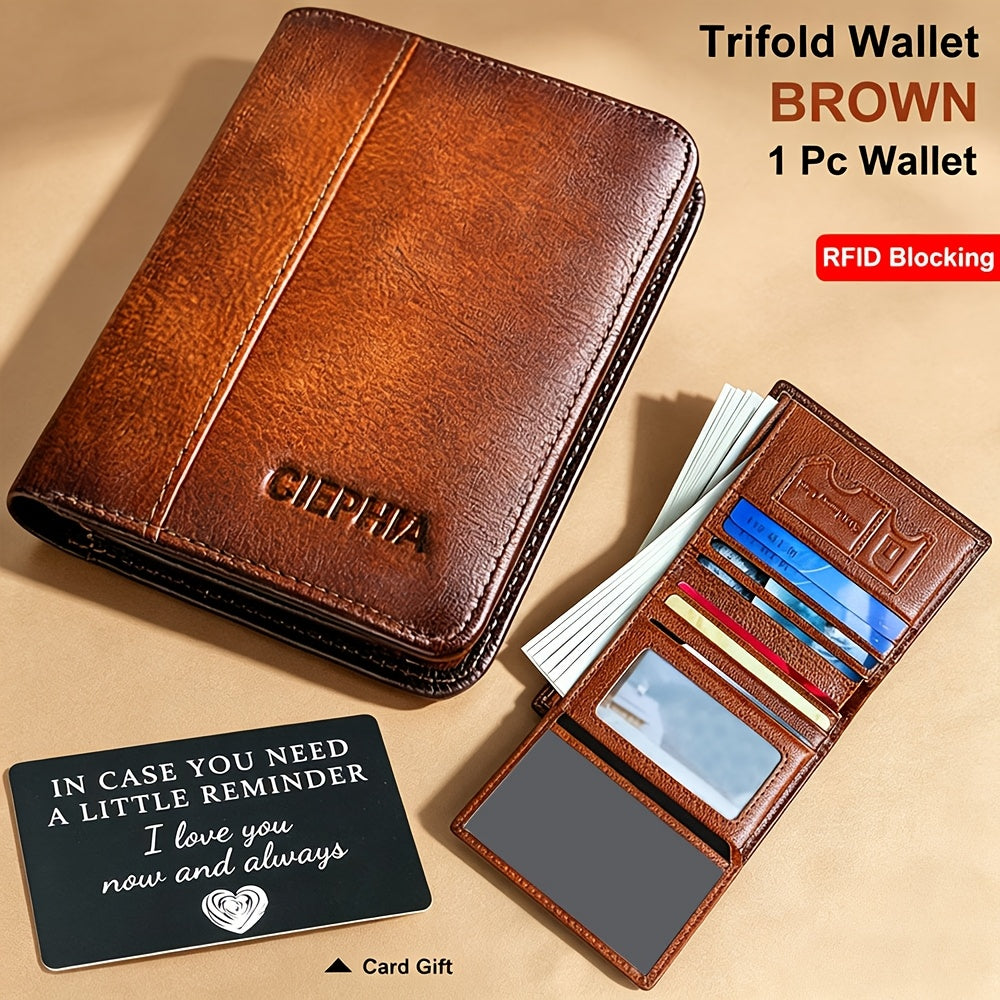RFID Blocking Genuine Leather Wallet for Men Trifold Cowhide Vintage Credit Card Holder 2 ID Windows Money Clip Cash Slots Father's Day Gift for Dad Husband