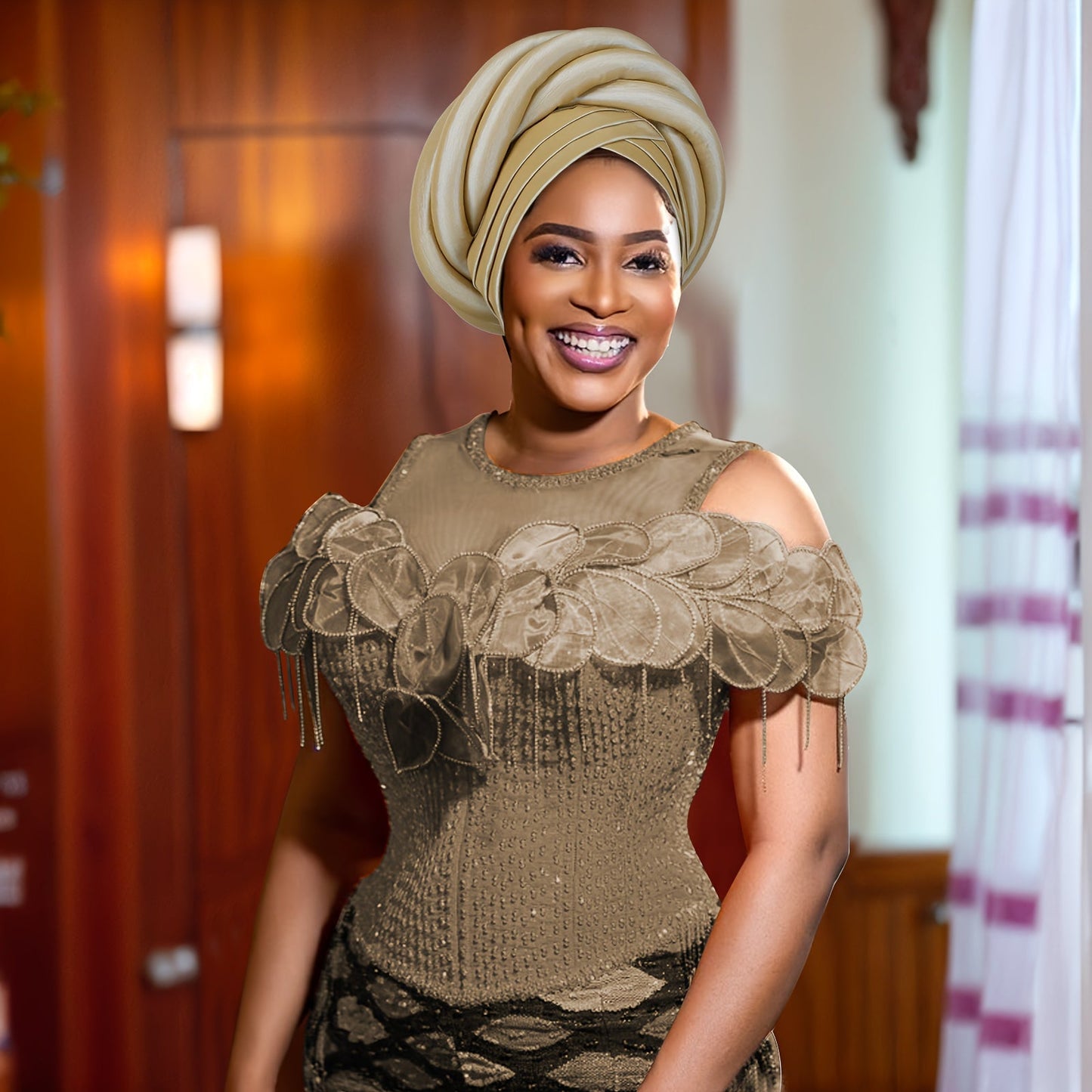 Nigerian Wedding Turban Hat for Women Elastic Polyester Sponge Festive Headwear Button Closure Religious Occasion 10 Colors