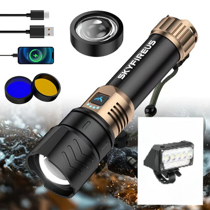 SKYFIRE 5000 Lumen LED Flashlight Rechargeable with Ignition Lens, Adjustable Focus & 4 Modes – Super Bright High Lumen Tactical Flashlight for Camping, Outdoor, Farm & Emergency Family Use