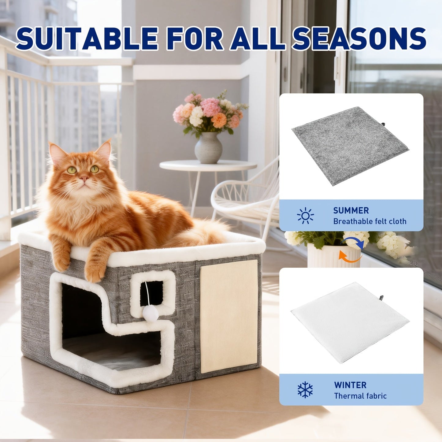 3-in-1 Cat House Indoor Condo – Luxury Wooden Ottoman Style Cat Bed Sleep Play & Scratch, Multi-Cat Friendly Large Cat Cave Hideaway Cube Furniture, Light Gray Standard & Large