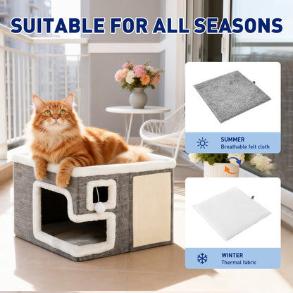 3-in-1 Cat House Indoor Condo – Luxury Wooden Ottoman Style Cat Bed Sleep Play & Scratch, Multi-Cat Friendly Large Cat Cave Hideaway Cube Furniture, Light Gray Standard & Large