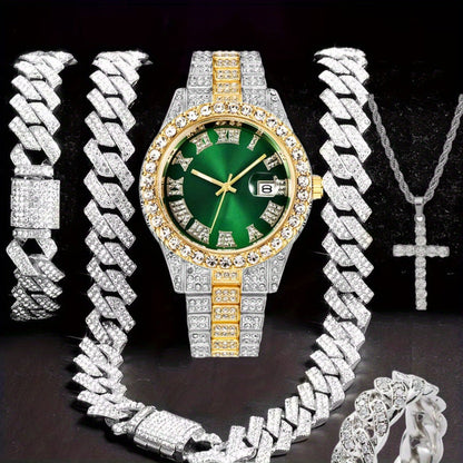 Men's Hip Hop Watch & Jewelry Set - Cuban Chain Pendant Necklace Bracelet Combo, Trendy Bling Accessories for Men, Perfect Gift for Christmas Birthday Valentine's Day Father's Day