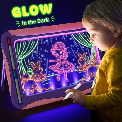 LED Light-Up Drawing Doodle Board for Kids Ages 3-8 – Glow Writing Art Set with 9 Double-Sided Cards & 6 Markers, Educational Learning Travel Toy, Birthday & Christmas Gift for Girls Boys