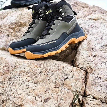 Steel Toe Work Boots for Men Heavy Duty All-Terrain Rubber Sole Cushioned Insole Arch Support Four-Season Construction Industrial Farm Outdoor Boots Black Army Green Sizes US 6-11