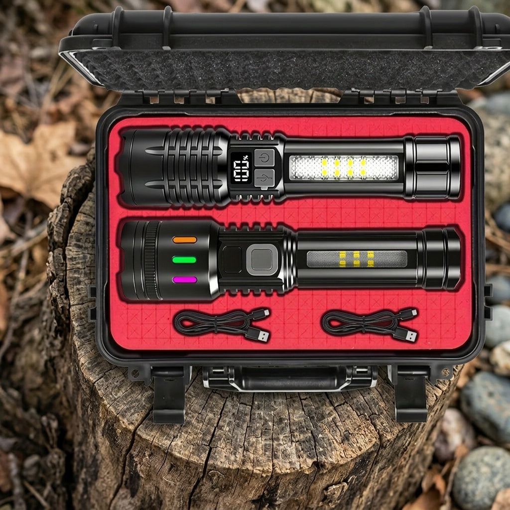 2 Pack Rechargeable LED Tactical Flashlight with Telescopic Zoom, COB Side Light & 5 Modes, High Power Handheld Flashlight USB-C for Camping Hiking Biking Emergency – Best Gift for Him