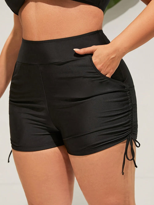 Women's High-Waisted Swim Shorts Plus Size Retro Stretchy Solid Color Drawstring Side Pockets Machine Washable Beach Pool Swimwear 0XL-4XL Elegant Comfortable Fit