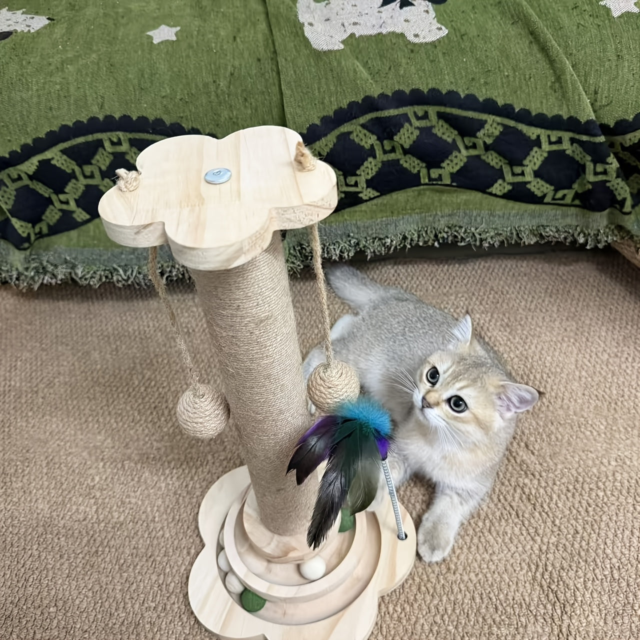 Multi-Level Cat Scratching Post Premium Sisal with 6 Wooden Toy Balls 2 Hanging Balls 2 Feather Teaser Toys Non-Slip Base Interactive Cat Tree for Indoor Cats Kittens