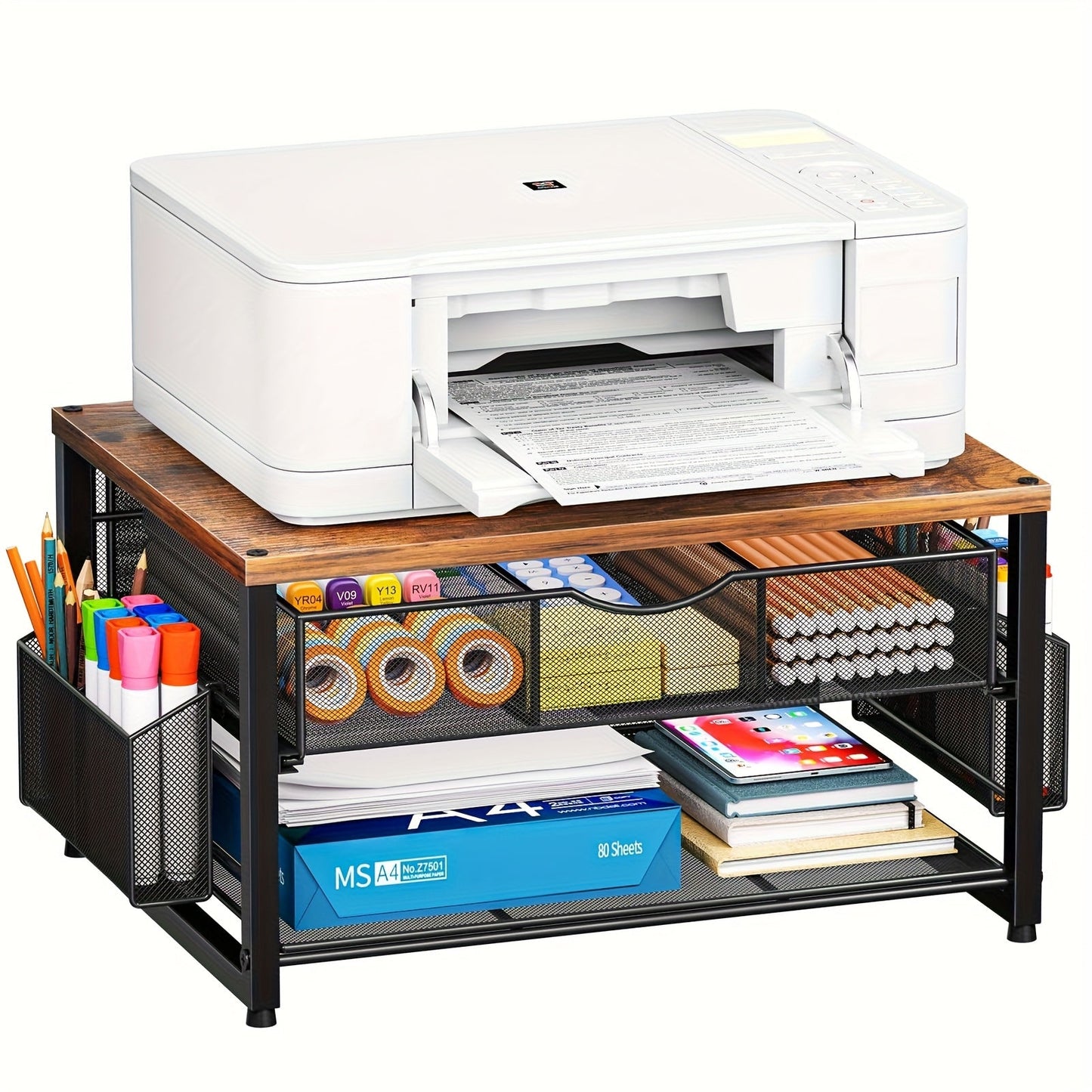 Metal Printer Stand for Desk with Storage Drawer & 2 Pen Holders – 2-Tier Desktop Organizer for Home Office, Multi-Purpose Printer Table for Fax Machine Scanner Files, Wood & Black