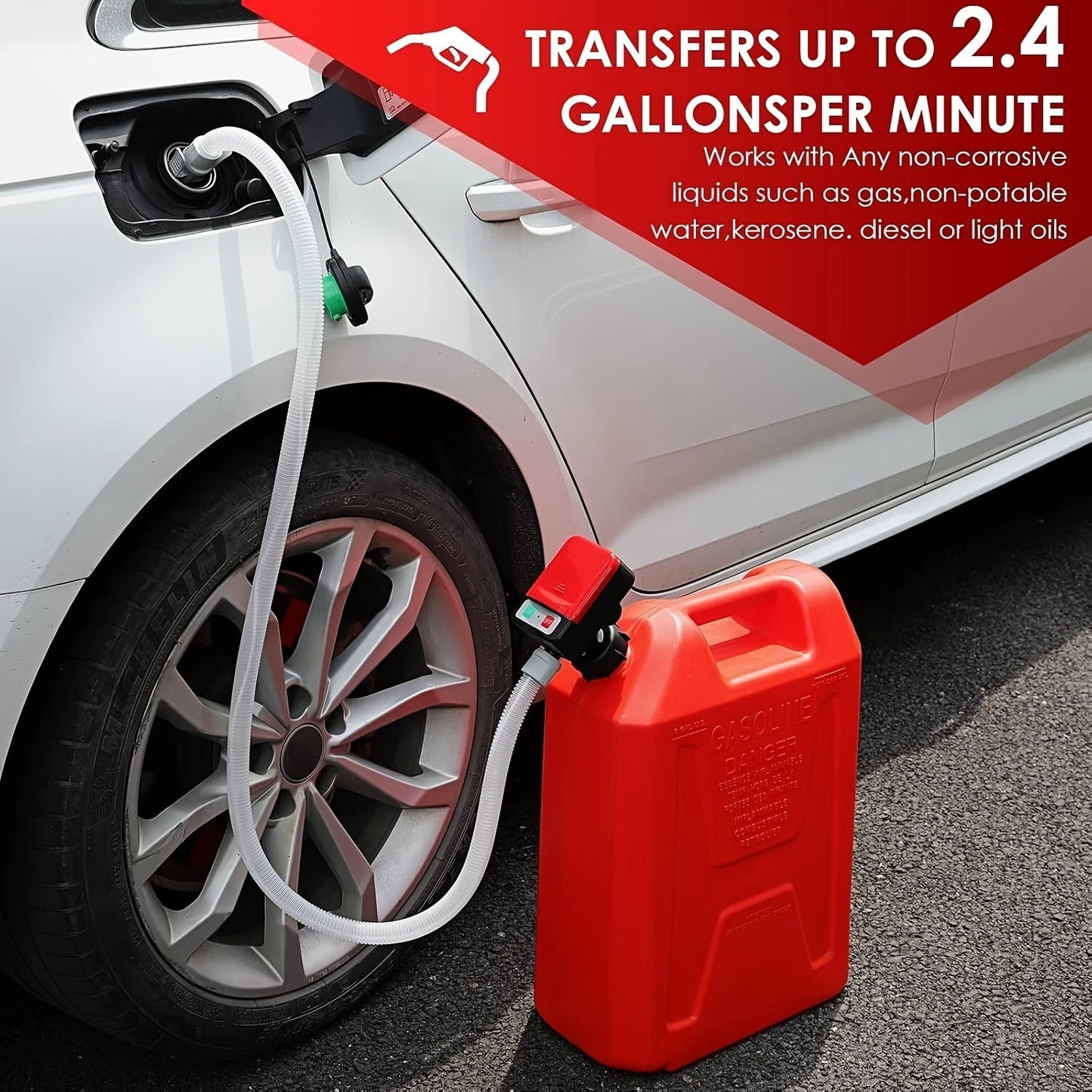 Automatic Fuel Transfer Pump with Auto-Stop - 51 Inch Extra Long Hose, 3.2 Gallons Per Minute, Battery or USB Powered, 4 Can Adapters, Portable Gas Can Pump for Gasoline, Diesel and Oil Transfer