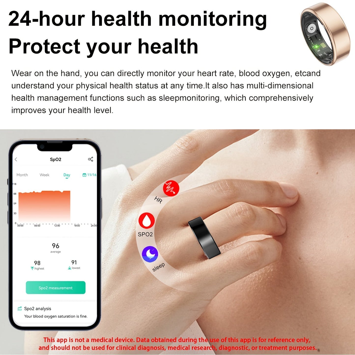 Smart Ring Health Fitness Tracker Bluetooth 5.3 IP68 Waterproof Sport Mode Pedometer Sleep Step Calorie Stress Body Temp Period Tracker for Men Women Android iPhone Gift
