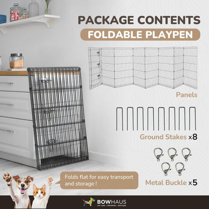 Foldable Dog Playpen 8 Panel – Heavy-Duty Metal Pet Kennel with Gate for Indoor & Outdoor Use, Portable Exercise Fence Cage for Small Dogs & Animals, Available in 24"/30"/36" Heights