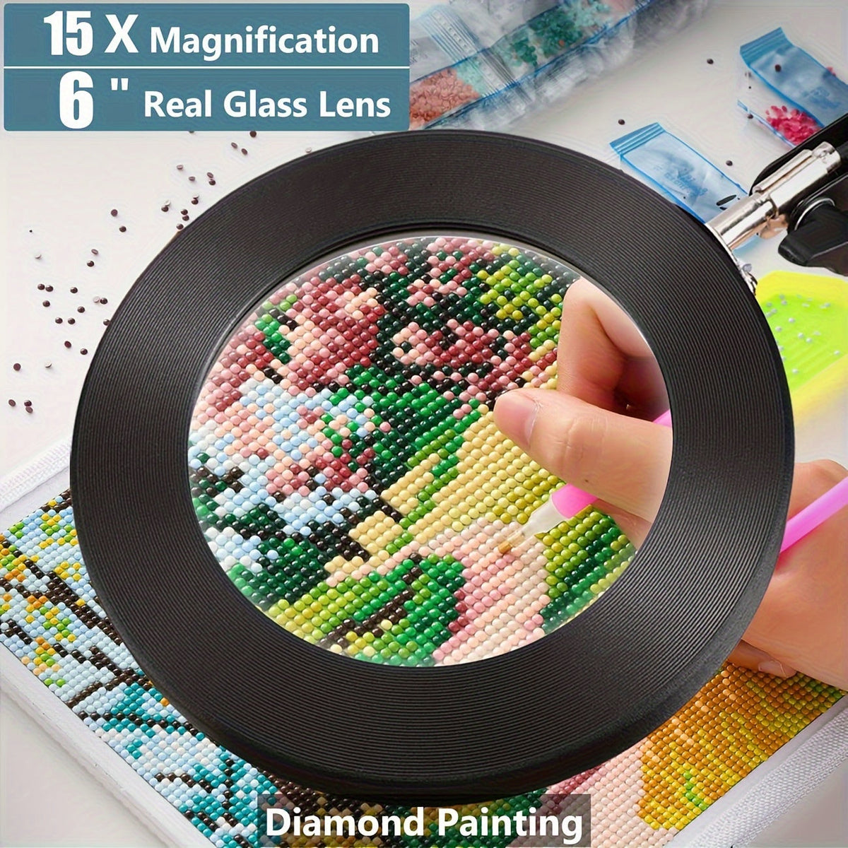 15X LED Magnifying Glass Lamp with Adjustable Arm & Clamp – Dimmable 3-Color USB Desk Magnifier for Reading, Crafts, Nail Art, Sewing & Precision Work (Black/White)