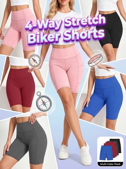 Women's High-Waisted Cycling Shorts 5-Pack with Pockets – Yoga Gym Running Workout Shorts, Stretch Polyester Fabric, Sizes M to XXL, Mixed Colors Set for Active Women