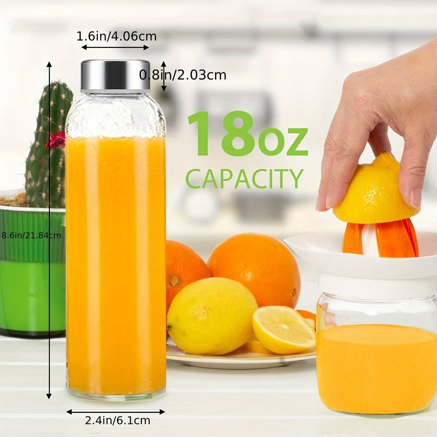 6-Pack 18oz Glass Water Bottles with Lids, Reusable BPA Free Juice Bottles with Stainless Steel Caps, 100% Leak Proof Containers for Refrigerator, Smoothies & Beverages, Includes Cleaning Brush & Funnel