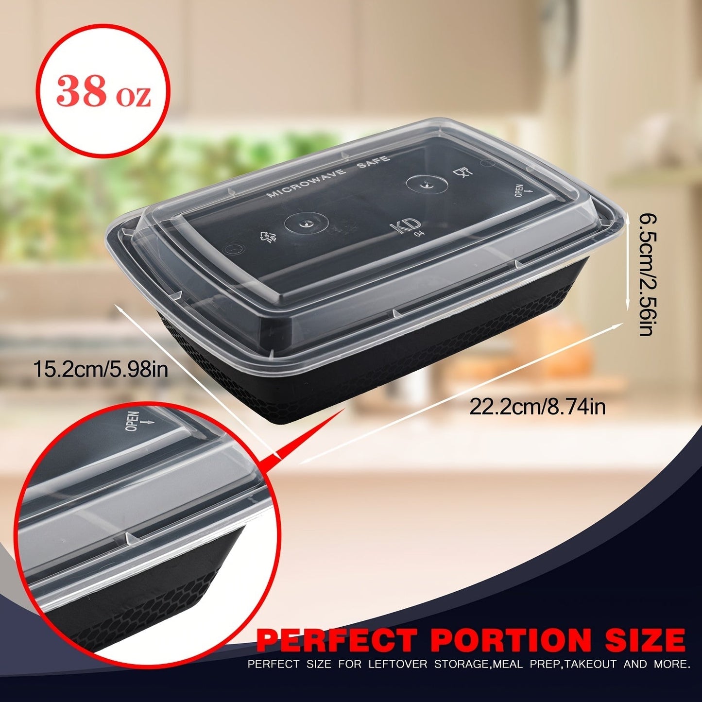 38oz Black Rectangular Meal Prep Containers 100/200 Pack Leakproof Stackable Disposable Food Storage Bento Box BPA Free Microwave Dishwasher Freezer Safe Takeout Lunch Picnic