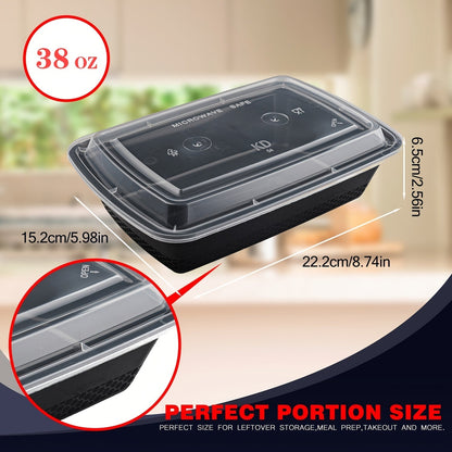 38oz Black Rectangular Meal Prep Containers 100/200 Pack Leakproof Stackable Disposable Food Storage Bento Box BPA Free Microwave Dishwasher Freezer Safe Takeout Lunch Picnic