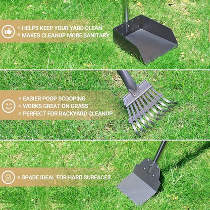 Stainless Steel Dog Pooper Scooper Set with Adjustable Long Handle – Rust-Proof Tray & Rake Pet Waste Removal Tool, No Bending, Easy to Clean, Ideal for All Dog Breeds, Outdoor Yard & Grass Use