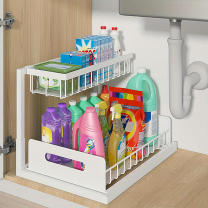 Metal Under Sink Organizer Pull Out Storage Shelf with Sliding Drawer - Under Sink Cabinet Organizer for Kitchen & Bathroom, Adjustable 2-Tier Rack, 1-Pack or 2-Pack