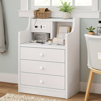 Nightstand with Charging Station – 2 USB Ports & 2 Outlets, Hutch & 3 Drawers, Bedroom End Table, Sofa Side Table for Living Room & Office, Gray or White