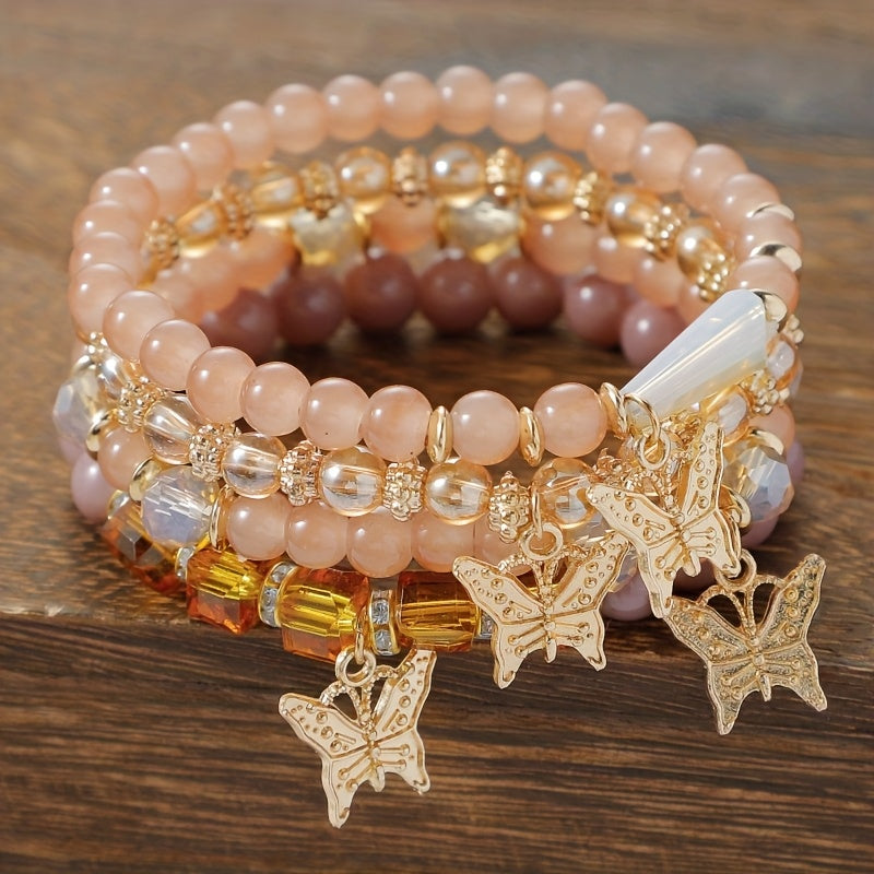 Boho Butterfly Beaded Bracelet Set for Women – 4, 8 & 16pcs Sparkle Multi-Layered Elastic Charm Stackable Bracelets, Perfect Gift for Stylish Ladies