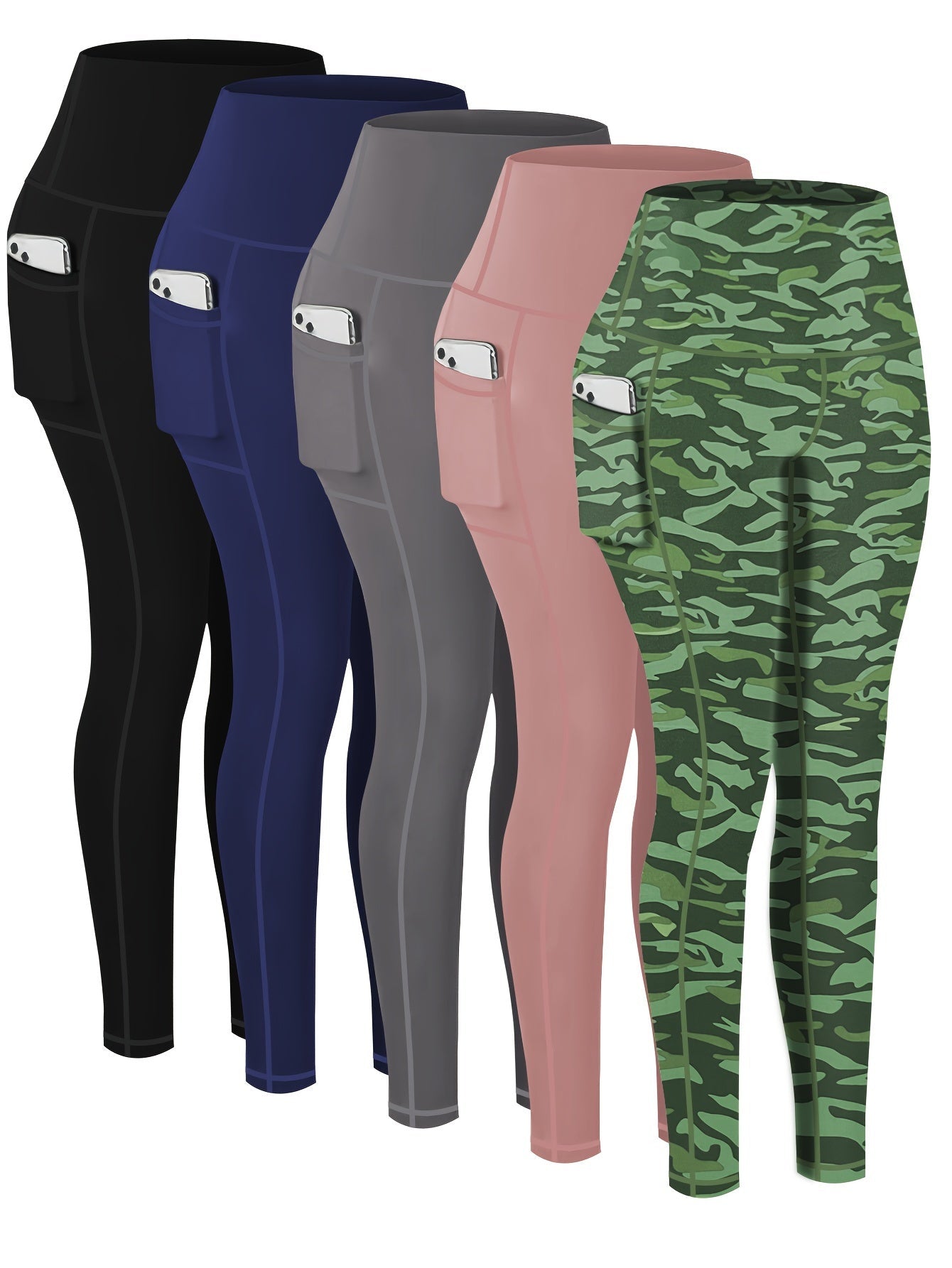 5-Piece Women's Printed Compression Yoga Pants – 7/8 Nine-Point Fitness Running Leggings with Leopard Camo & Solid Patterns, High-Waist Athletic Tracksuit Bottoms for Gym Workout, S-XXL