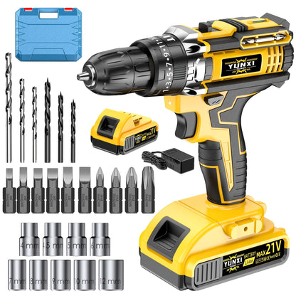 21V Cordless Impact Drill Set 2.0Ah Battery & Fast Charger with Work Light Speed & Torque Adjustment Electric Screwdriver Combo – Optional Storage Box for Car & Home Repair DIY Men's Gift