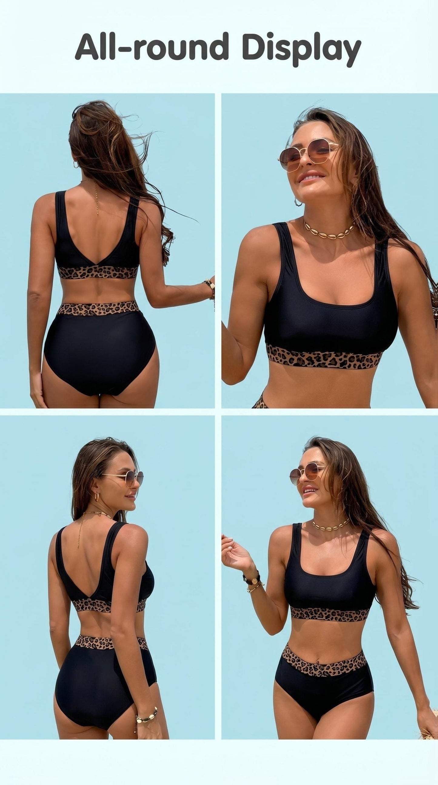 Women's High-Waisted Bikini Set Leopard Print Color Block Crop Top Square Neckline Retro Sexy 2-Piece Bathing Suit Slimming Swimwear for Beach Pool Vacation S-XL