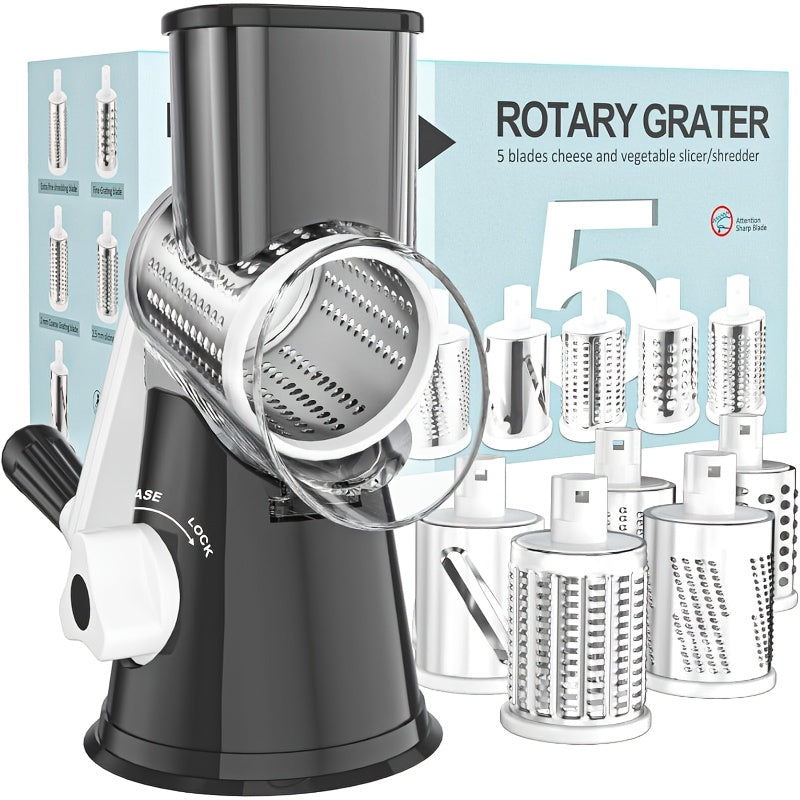 Rotary Cheese Grater Hand Crank Shredder with 3 Interchangeable Blades - Non-Slip Suction Base, Free Cleaning Brush, for Fresh Cheese, Vegetables & Nuts, Kitchen Tool Gift