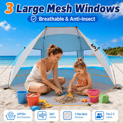 Beach Tent 3 Person UPF 50+ Sun Shelter Portable Waterproof Camping Shade with Extended PE Floor & 3 Mesh Roll-Up Windows – Easy Setup for Beach, Camping, Fishing & Yard (Green, Blue, Orange)