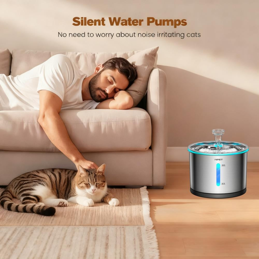 NPET WF210 Stainless Steel Cat Water Fountain 50oz – Ultra Quiet Automatic Pet Water Dispenser with LED Light, Visible Water Window & Dishwasher Safe 304 Steel, Optional Filter Bundles for Cats Dogs