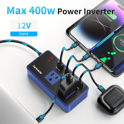 200W Car Power Inverter 12V to 110V AC – USB-C PD 24W Fast Charging, QC3.0 Dual USB Ports, Multi-Protection Car Charger Adapter for Laptop Phone Travel Road Trip