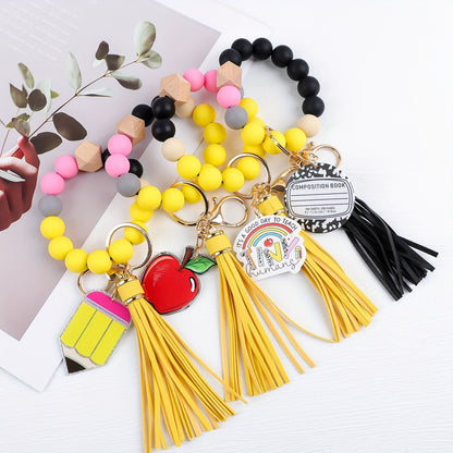 4-Piece Teacher Beaded Keychain Gift Set – Handmade Pencil Apple Notebook TEACH Charm Keychains with Lobster Clasp, Teacher's Day Graduation Back to School Gift, Bag Decoration Pendant