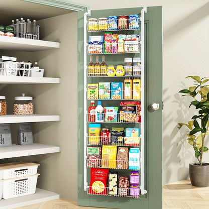 Over the Door Pantry Organizer 6 or 8 Shelf - Heavy-Duty Metal Hanging Storage Rack for Kitchen, Bathroom & Laundry Room, Space-Saving Spice & Food Organizer, Black or White