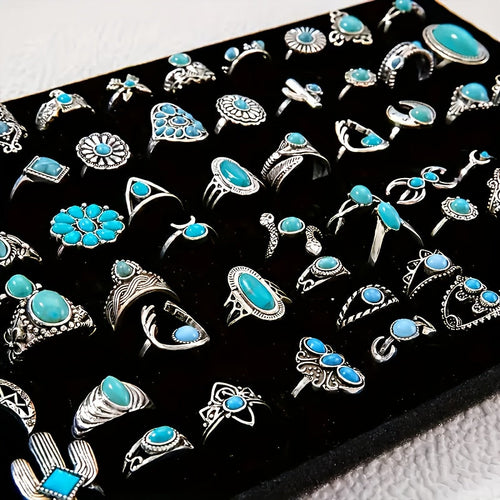 44pcs Vintage Turquoise Boho Stacking Rings Set for Women – Stackable Bohemian Style Rings Bulk Pack for Daily Wear, Vacation, Party & Holiday Gifts