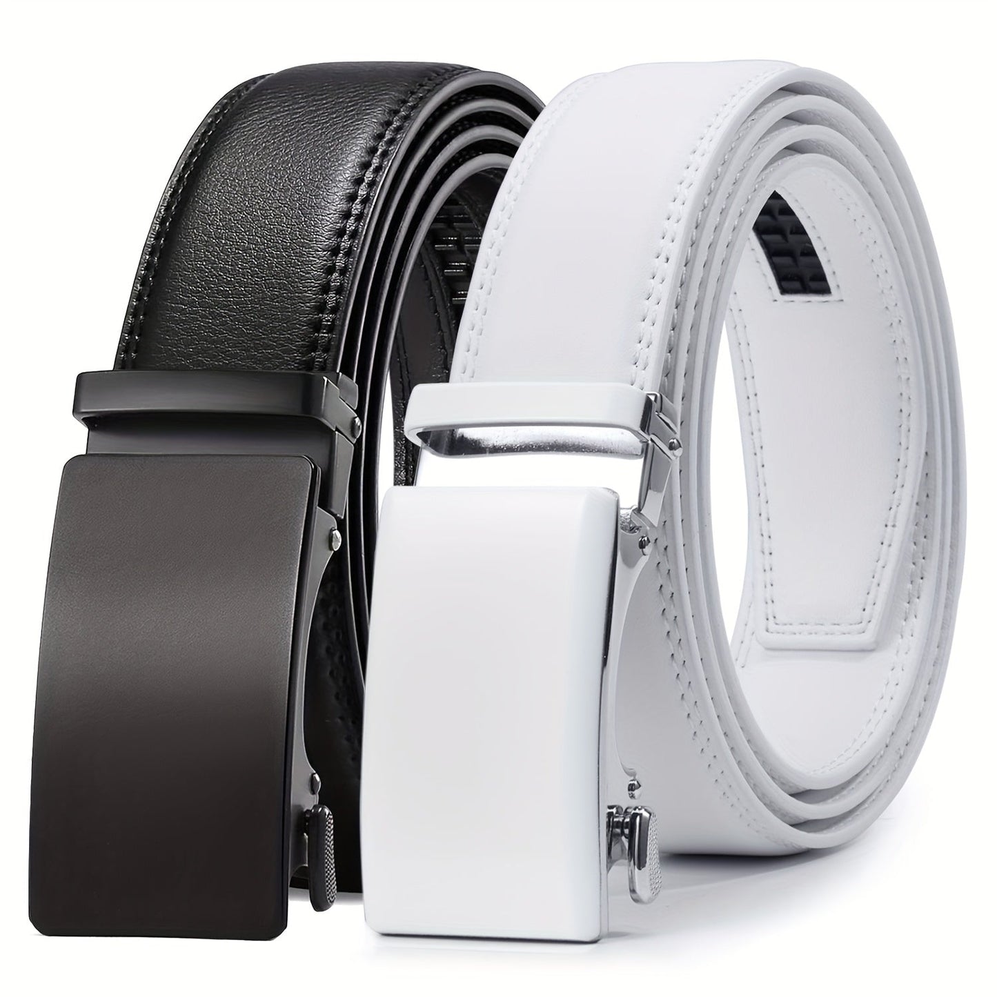 Men's Ratchet Belt 2 Pack Leather – Trim-to-Fit Adjustable Dress and Casual Belt for Men Waist 28" to 52" Black Brown Tan Navy Blue Gift