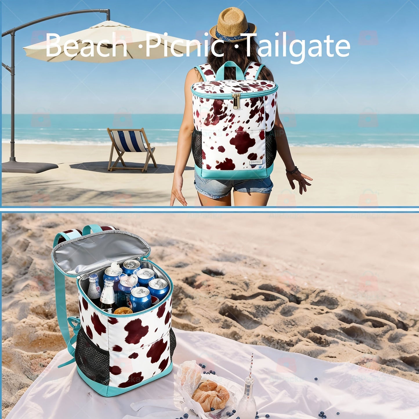 Insulated Cooler Backpack 30 Can Leopard Print with Mesh Pockets & Adjustable Straps - Leakproof Nylon Cooler Bag for Beach Camping Picnic Hiking Travel Daily Use