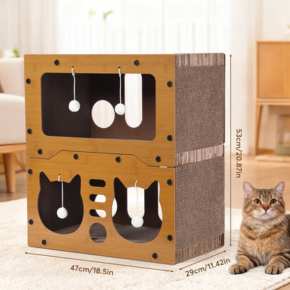 Cat Scratching Board House with Pompom Toy – Large Cardboard Cat Bed & Hideout, Holds Up to 25 Lbs, Multi-Cat Friendly, Easy Assembly, Scratch-Resistant Cat Furniture Gift for Pet Lovers