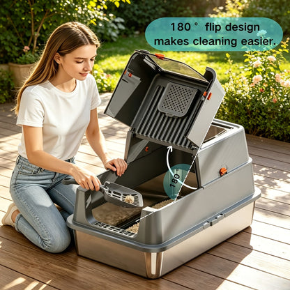 XL Stainless Steel Enclosed Cat Litter Box with Flip Top Lid & High Sidewalls – 3-in-1 Anti-Scatter Metal Litter Pan for Large Cats & Multi-Cat Households