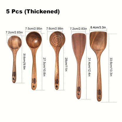 Wooden Kitchen Utensils Set 3/5/7 Piece, Natural Wood Spoons Spatulas Spurtle Ladle & Wok Spatula with Ergonomic Handles, Heat-Resistant Non-Stick Safe Heavy-Duty Cooking Tools for Home Kitchen