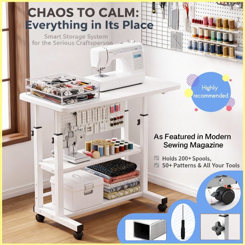Mobile Craft Table with Adjustable Height & 4 Silent 360° Wheels - Rolling Storage Organizer with Double Shelves for Sewing, Knitting & Crafts, Bedroom & Living Room Use, Available in Black & White