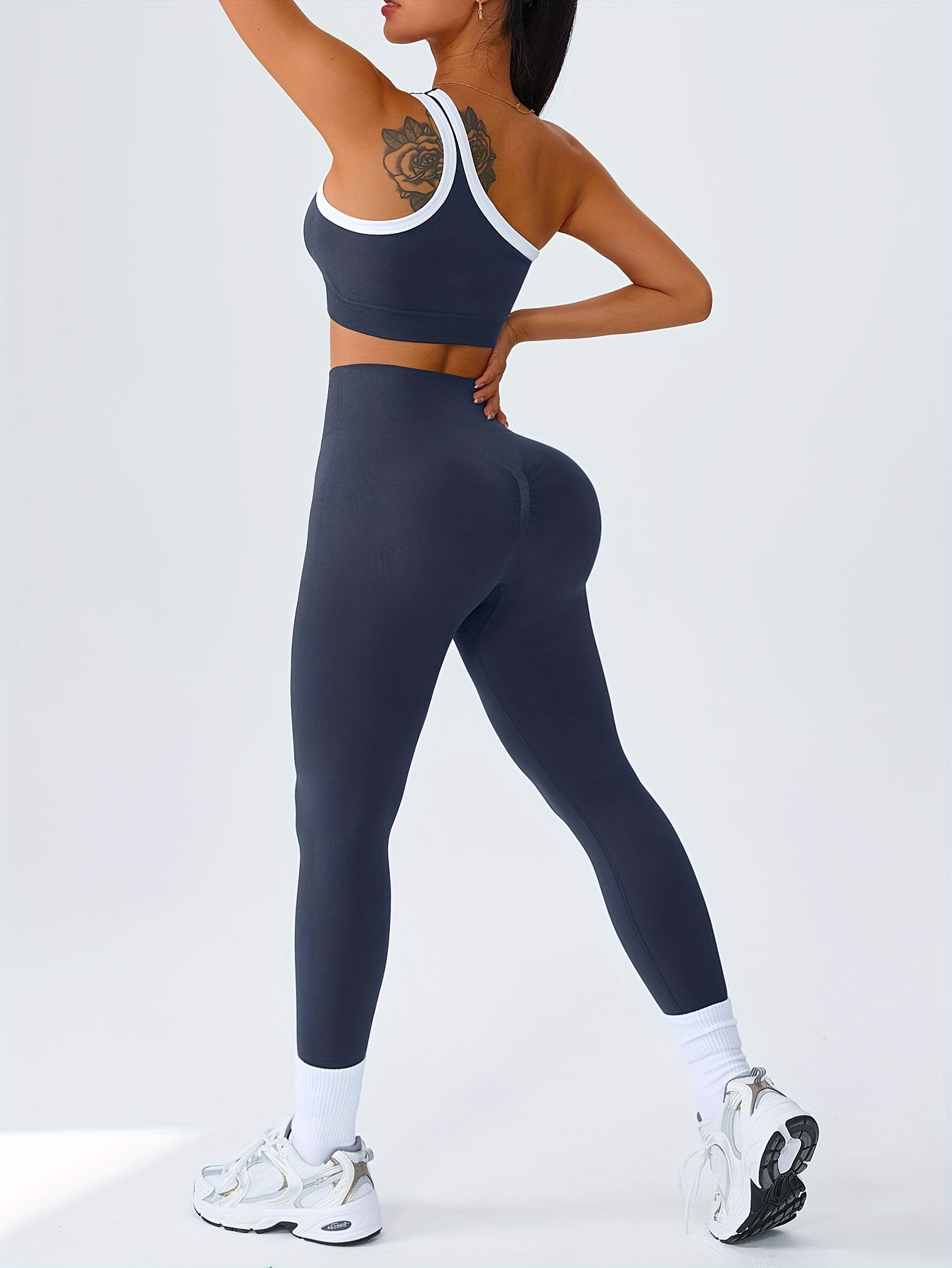 Women's 2-Piece High-Waisted Butt-Lifting Leggings & Sports Bra Set – 90% Polyamide Stretchy Minimalist Yoga Running Workout Outfit with Camisole Top, Solid Color, S-XL