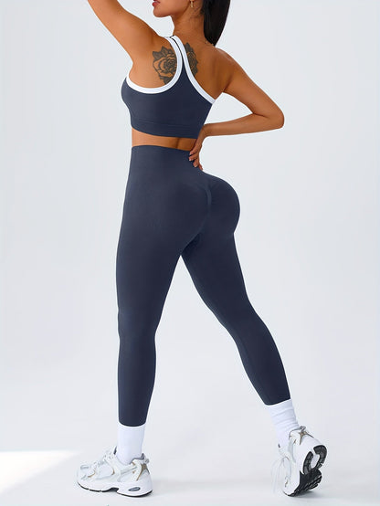 Women's 2-Piece High-Waisted Butt-Lifting Leggings & Sports Bra Set – 90% Polyamide Stretchy Minimalist Yoga Running Workout Outfit with Camisole Top, Solid Color, S-XL