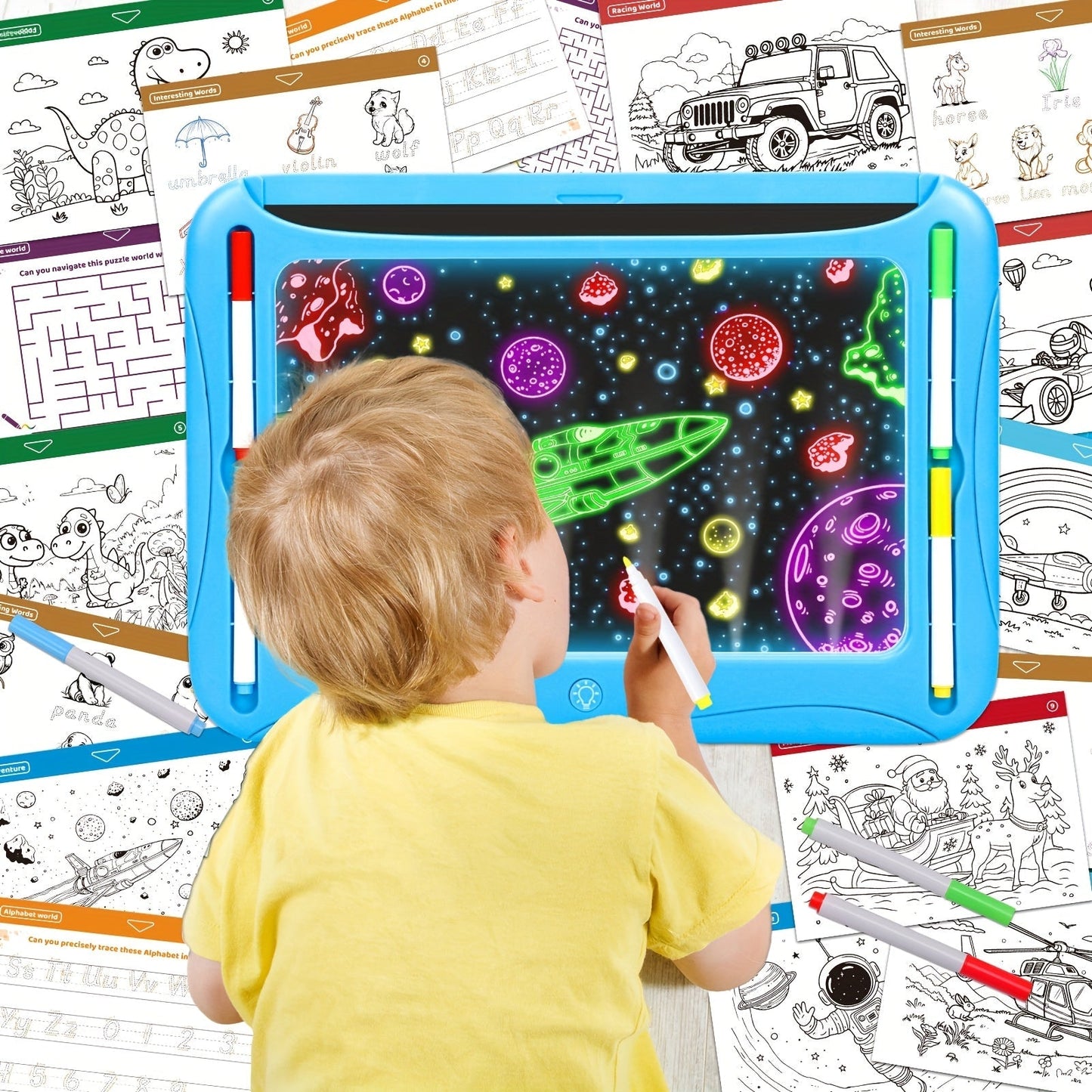 LED Light-Up Drawing Doodle Board for Kids Ages 3-8 – Glow Writing Art Set with 9 Double-Sided Cards & 6 Markers, Educational Learning Travel Toy, Birthday & Christmas Gift for Girls Boys